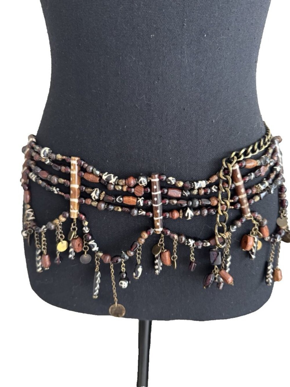 Chicos WIde Belt Brown Animal Print Link Chain Bead Faux Stone Adjustable NEW
